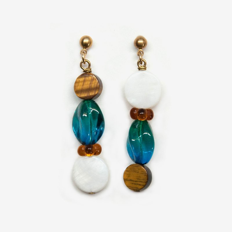 Tiger Eyes Stone and White Shell Earrings, Post Earrings, Clip On Earrings - ต่างหู - หิน สีนำ้ตาล