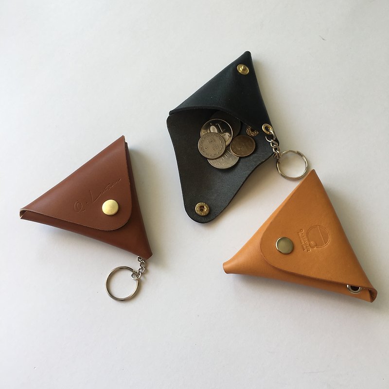 Triangle coin purse vegetable tanned hand-made hand-sewn small bag earphone leather simple gift first choice - Coin Purses - Genuine Leather 