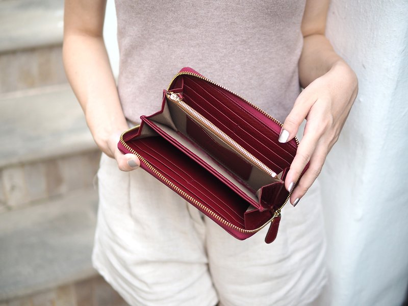 Classic wallet (burgundy) : Long zip wallet, cow leather, dark red - 銀包 - 真皮 紅色