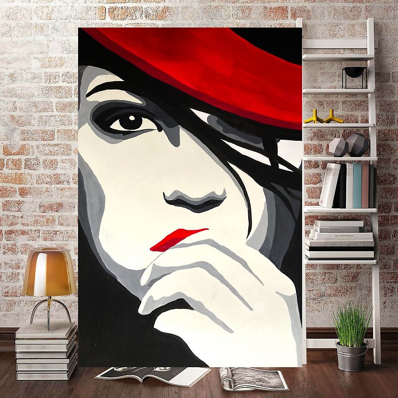 时尚女孩绘画肖像女人原创艺术女士艺术女士帽子艺术品红色口红女 - 海報/掛畫/掛布 - 其他材質 黑色