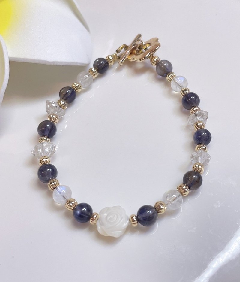 Cordierite//Moonstone/Herkimon Shining Diamond//Shell Rose//14K color-preserving bracelet - สร้อยข้อมือ - โลหะ ขาว