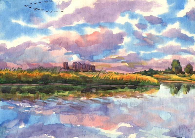 ORIGINAL WATERCOLOR PAINTING landscape sunset river Artwork gift hand painting