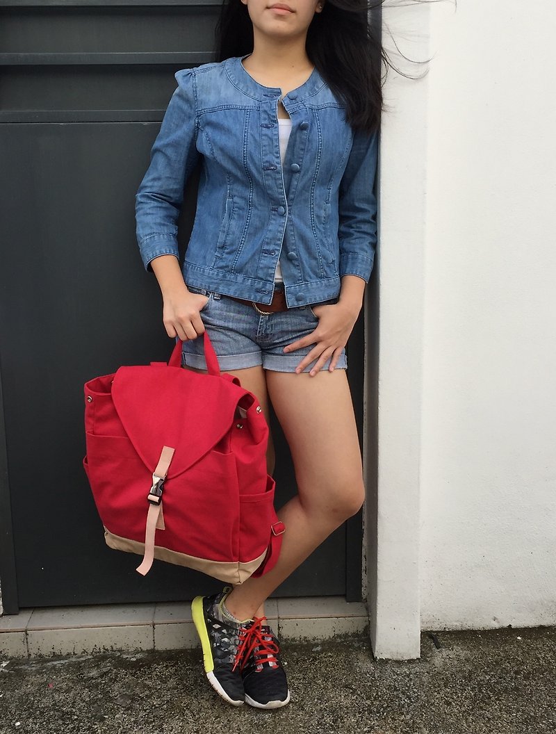 Red canvas backpack, travel backpack, Unisex School backpack - no.108 - กระเป๋าเป้สะพายหลัง - ผ้าฝ้าย/ผ้าลินิน สีแดง