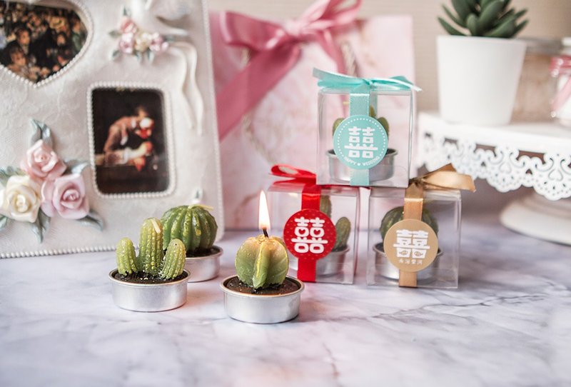 Wedding small things transparent boxed 囍 letter healing succulent cactus candles (3 colors can choose random candles) - Candles & Candle Holders - Fresh Ingredients Multicolor