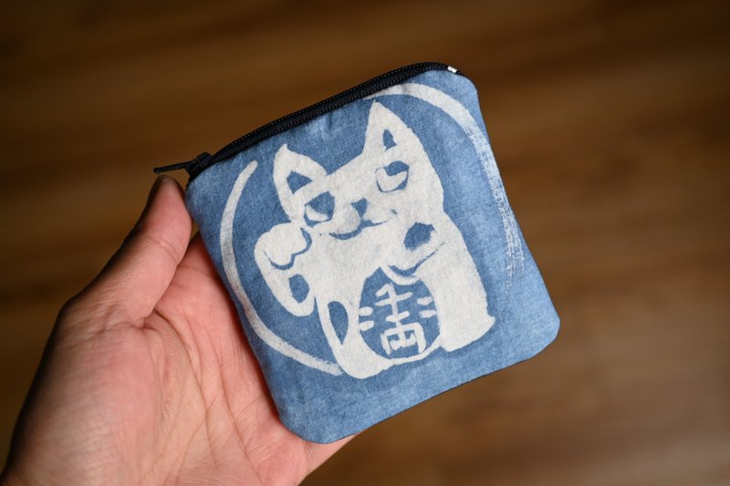 [Limited Memory] Aizen Coin Purse/Small Purse-Lucky Cat - Coin Purses - Cotton & Hemp Blue