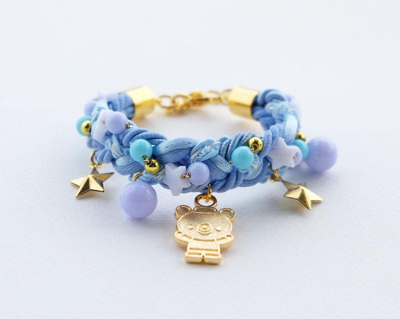Golden teddy bear blue braided bracelet - Bracelets - Polyester Blue