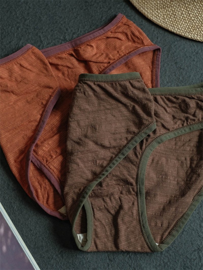 Mineral/Oak Linen Cotton Comfortable Breathable Mid-Rise Briefs - ชุดชั้นในผู้หญิง - ผ้าฝ้าย/ผ้าลินิน สีนำ้ตาล