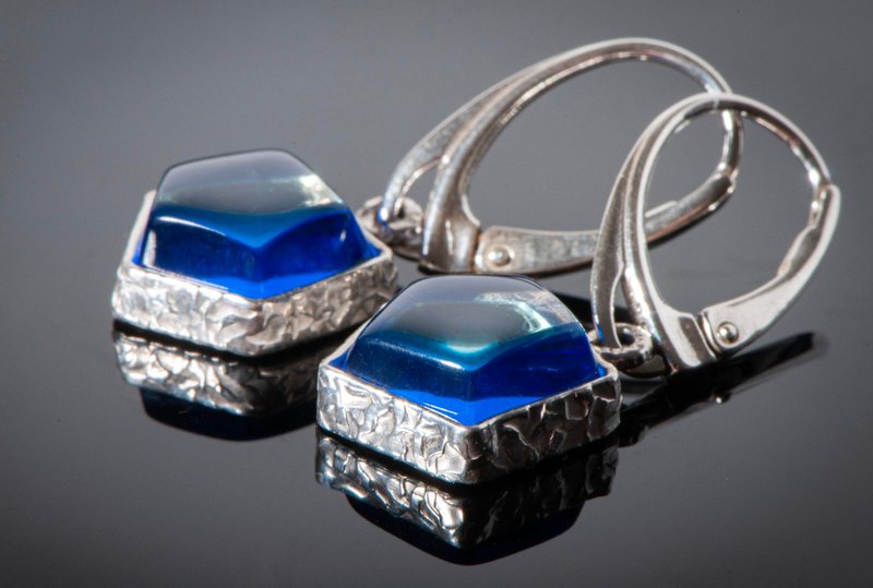 Blue Amber Silver Earrings, Handmade Natural Baltic Amber, Unique Shape - Earrings & Clip-ons - Semi-Precious Stones Blue