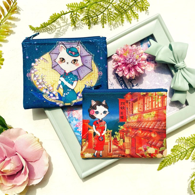 零錢包 | 帆布 | 水洗不退色 - 九份旗袍貓、鈴蘭花旗袍貓 2 款 - 零錢包/小錢包 - 棉．麻 多色