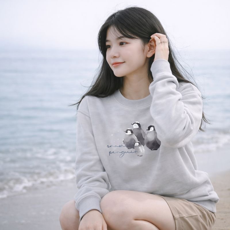 | 微光Ocean | 暖冬大學T~企鵝 白灰色上衣 服飾 長袖 內刷毛 - 中性衛衣/T 恤 - 棉．麻 