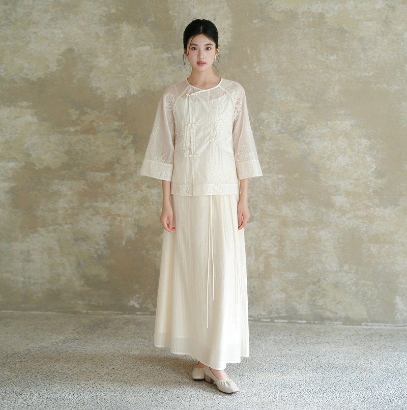 【文藝刺繡】新中式復古中國風 禪意寬鬆上衣吊帶 - 女上衣/長袖上衣 - 其他材質 白色