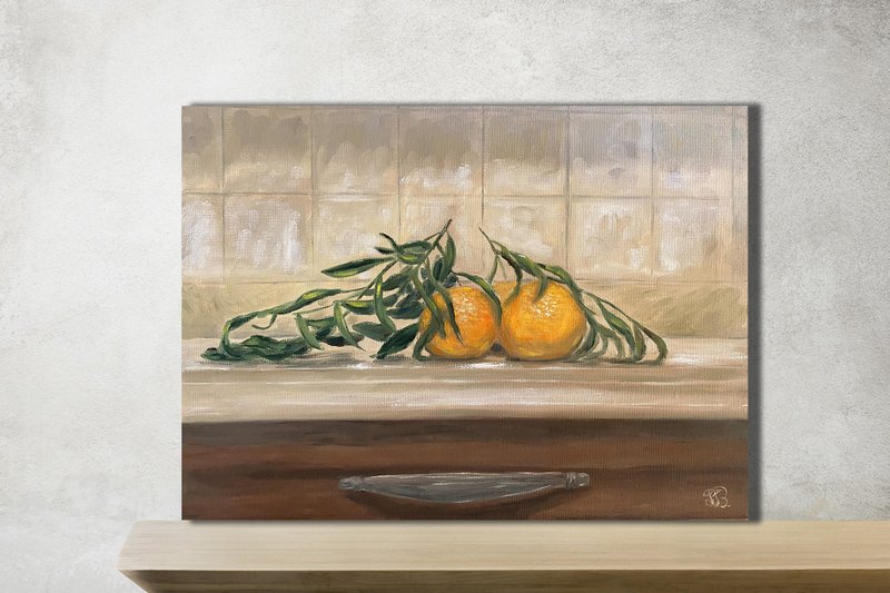 Original Oil Painting of Tangerines Realistic Still Life 40 x 30 cm - 壁貼/牆壁裝飾 - 棉．麻 橘色