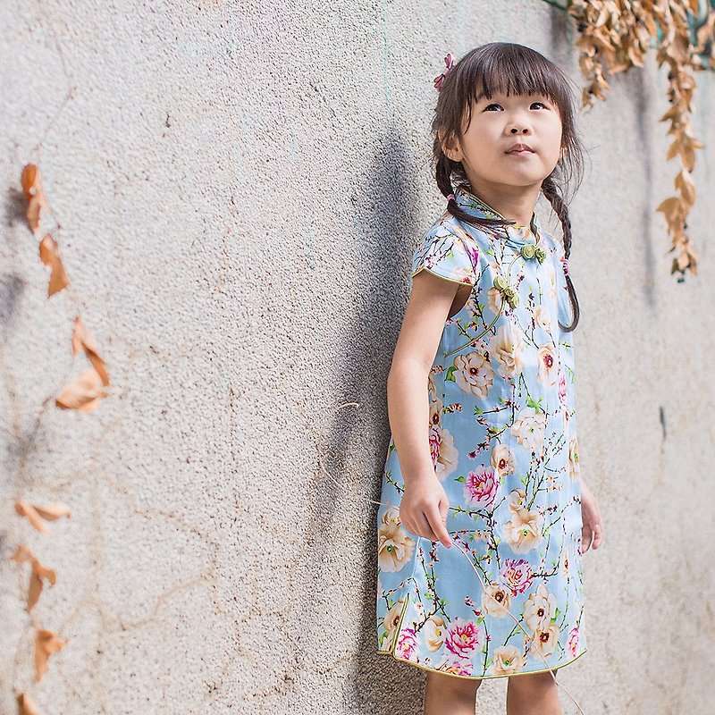 兒童旗袍 古風 秋季款 花系列淺藍款 - 旗袍 - 棉．麻 