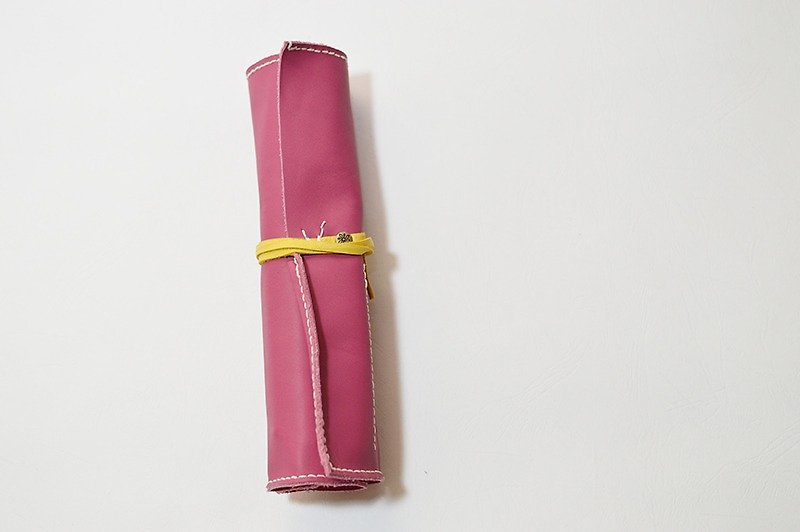 Pencil case - pink / bright yellow with scroll shape - Pencil Cases - Genuine Leather Pink