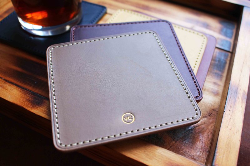 [VULCAN square coaster two-piece] Italian vegetable tanned cow leather embossed bronzing wedding small things - Coasters - Genuine Leather Brown