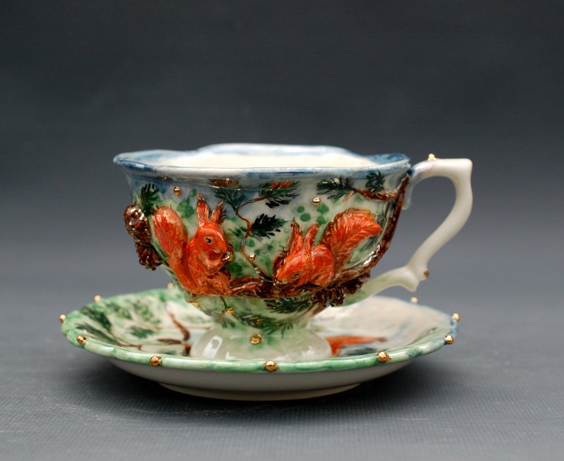 Cup and Saucer Porcelain Tea Set Volumetric decor Squirrels figurine Forest them - Teapots & Teacups - Porcelain Multicolor