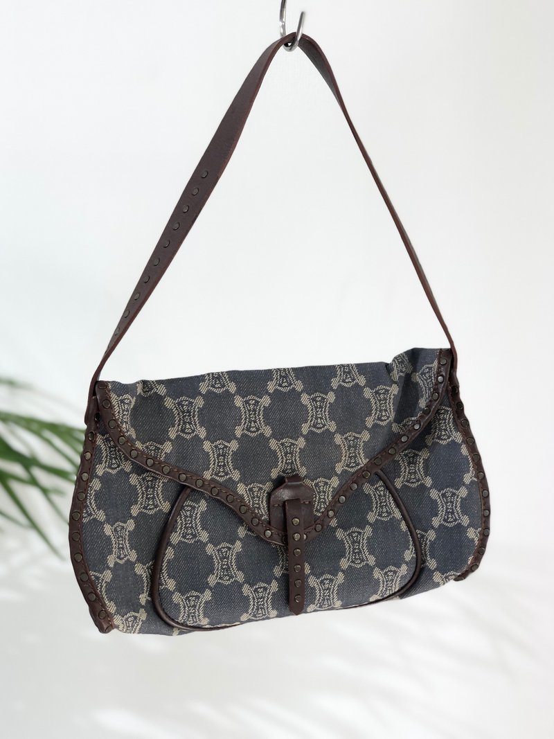 【 日本直送　名牌中古包 】CELINE セリーヌ パリマカダム ロゴ デニム ホーボーバッグ ショルダーバッグ インディゴ vintage xsbhs5 - 側背包/斜背包 - 真皮 藍色