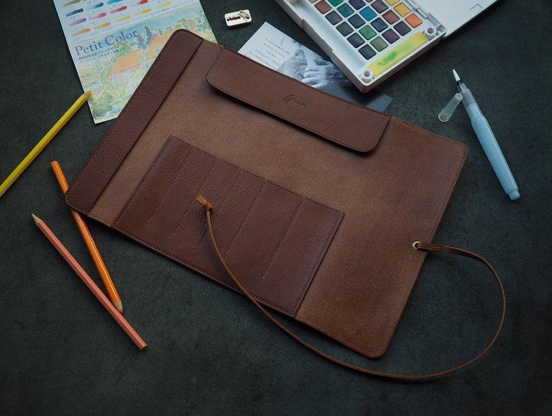 水彩絵筆ケース、ペンロール、画材ツールバッグ、ペンロール、純粋な手作り牛革、カスタム刻印ギフト、オーダーメイド - 筆箱・ペンケース - 革 ブラウン