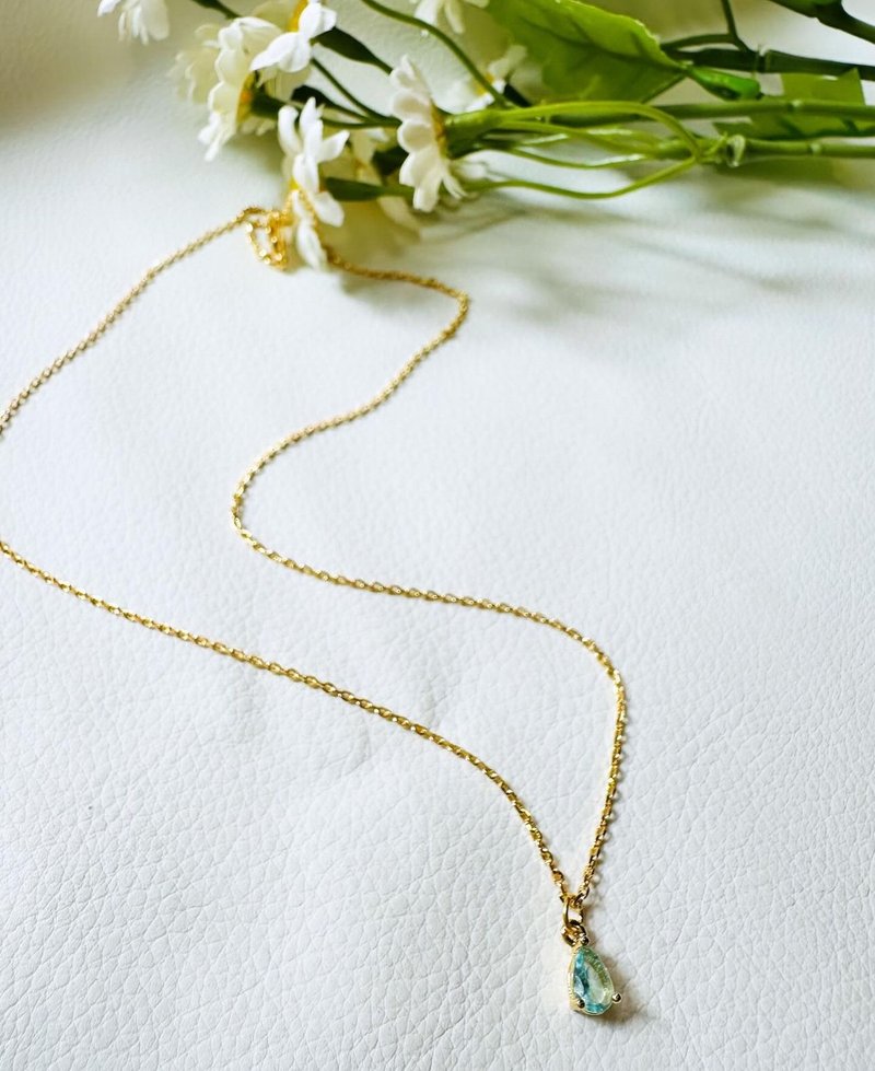 Small water drop Stone Bronze edge plated 14k short necklace_collar bone necklace_long necklace - Necklaces - Crystal Blue