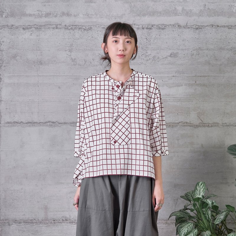 縱橫蓋襟小方格落肩上衣 - 女上衣/長袖上衣 - 棉．麻 多色