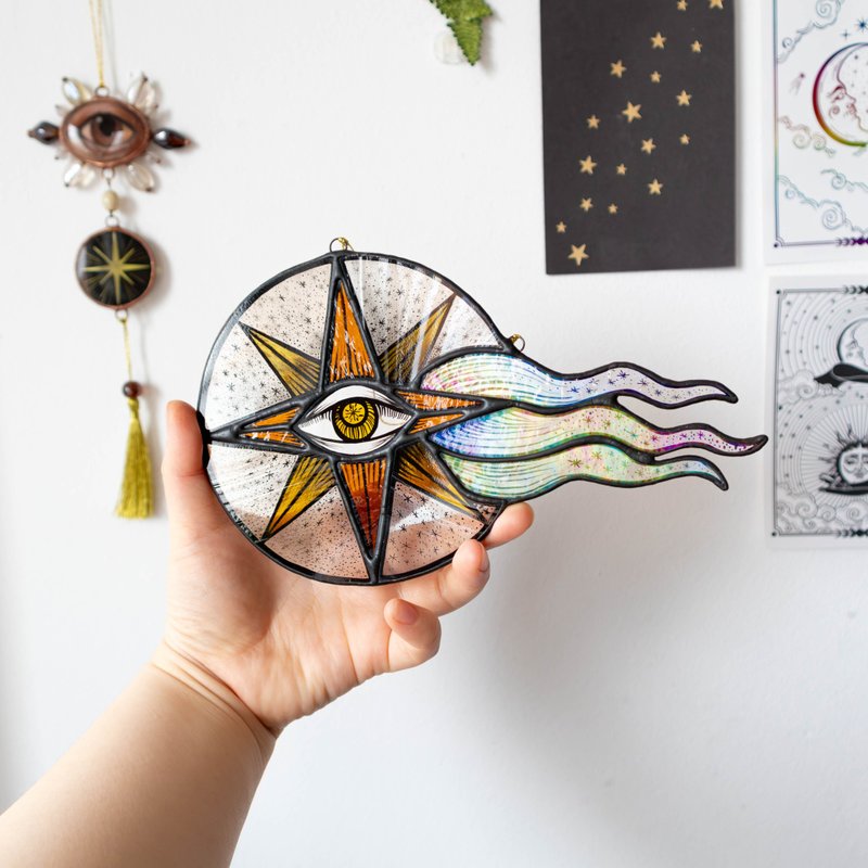 Stained glass ornament, Celestial home decor, Star Art - 壁貼/牆壁裝飾 - 玻璃 多色
