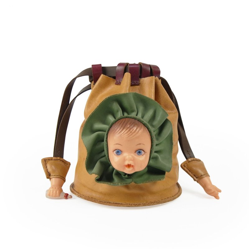 A PRANK DOLLY-Brand TeTe tea leather antique doll Khaki handmade leather bucket bag - กระเป๋าแมสเซนเจอร์ - หนังแท้ สีกากี