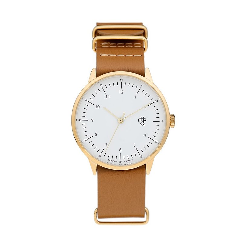 Chpo Brand Swedish Brand - Harold Gold White Dial Honey Brown Leather Watch - นาฬิกาผู้ชาย - หนังแท้ สีนำ้ตาล