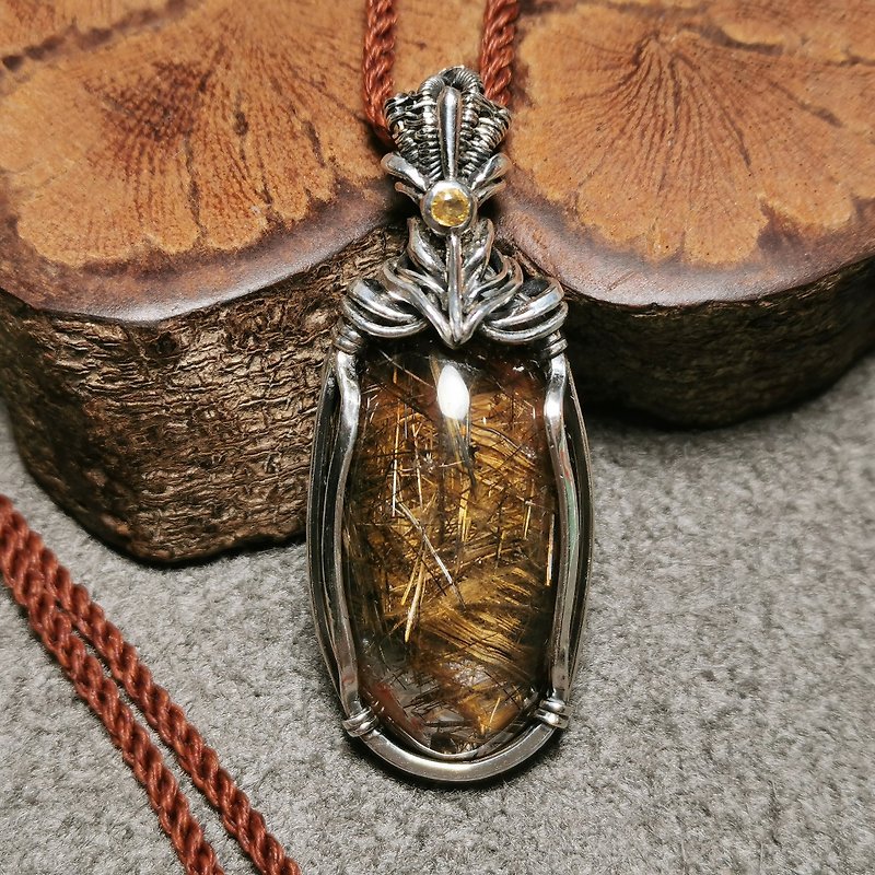 Bronze titanium crystal/inlaid with yellow Gemstone-sterling silver braided design pendant/with waterproof Wax wire necklace - สร้อยคอ - เครื่องประดับพลอย สีทอง