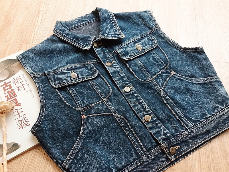 Vintage / vest no.53 - เสื้อกั๊กผู้หญิง - ผ้าฝ้าย/ผ้าลินิน สีน้ำเงิน