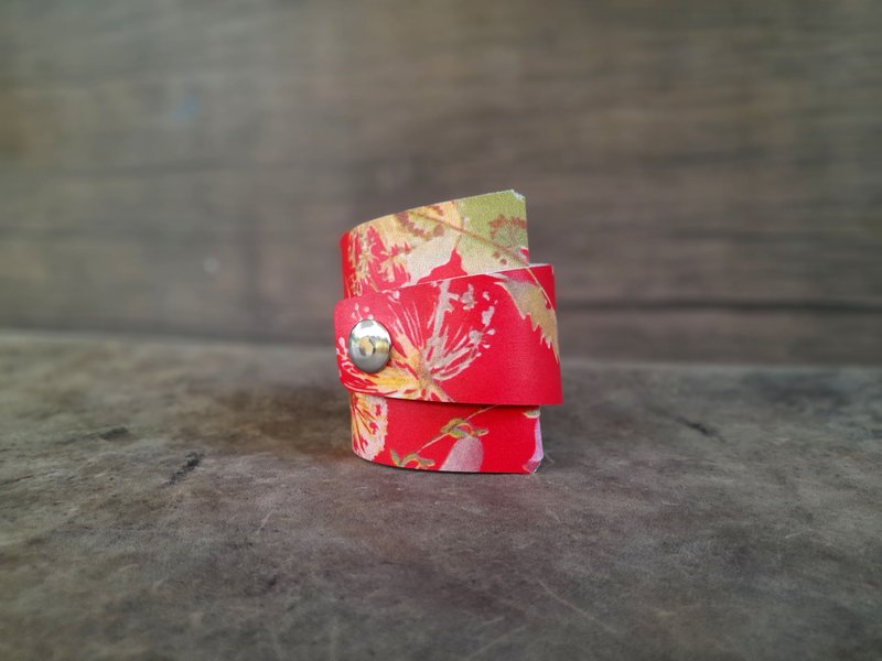 Red Leather Bracelet, Handmade Adjustable Floral Print Cuff, Irregular Cuff - สร้อยข้อมือ - หนังแท้ สีแดง