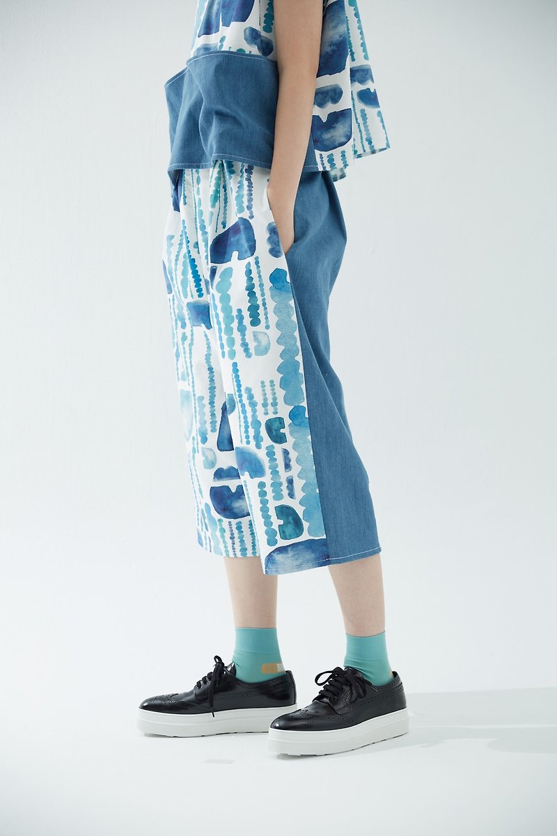 y1, hsuan X Honglin exclusive printed cloth series Low crotch double-sided wearable denim stitching pants rain - กางเกงขายาว - ผ้าฝ้าย/ผ้าลินิน สีน้ำเงิน