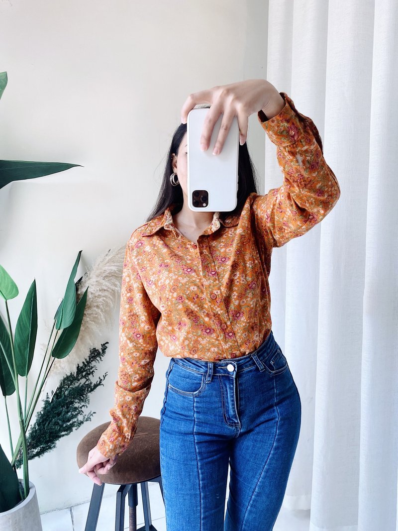 橘色滿滿綴花春夏時節 古著翻領純棉襯衫上衣 vintage Shirt - 女襯衫 - 棉．麻 橘色