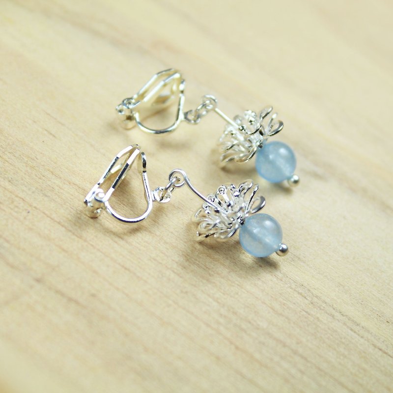 【Collection of gold lake】 sea flower earrings ice blue silver section | clip-on earrings needle earrings can be changed for sterling silver needle | ice blue chalcedony | brass silver | natural stone earrings, Chinese ancient wind ornaments E3 - Earrings & Clip-ons - Gemstone Blue