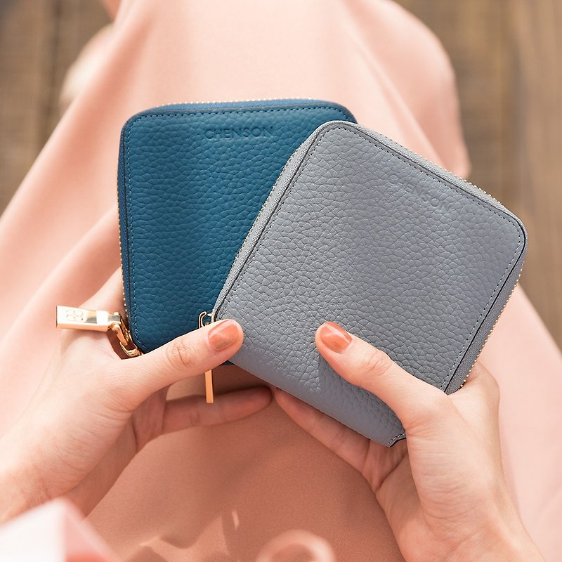 CHENSON leather small square brick 5 cards plus size short clip light blue (W20333-7) - Wallets - Genuine Leather Blue