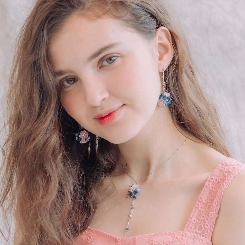 Pamycarie Night-Sakura-Rain Floral Crystal Earrings - 2 Shades - Earrings & Clip-ons - Clay Blue