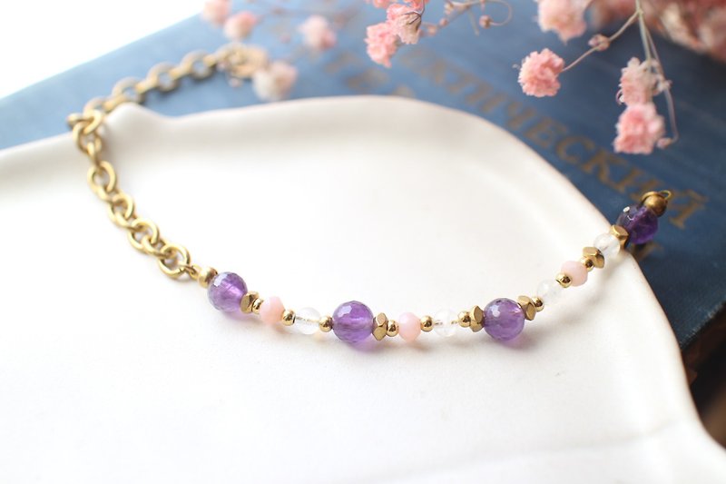 Candy bar-Amethyst moonstone pink opal brass handmade bracelet - สร้อยข้อมือ - โลหะ หลากหลายสี