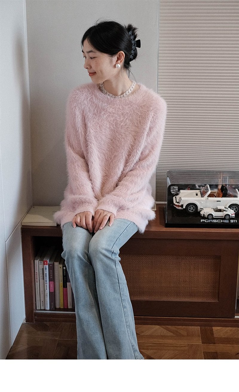 Round Neck Faux Mink Fleece Knit Top - สเวตเตอร์ผู้หญิง - เส้นใยสังเคราะห์ 