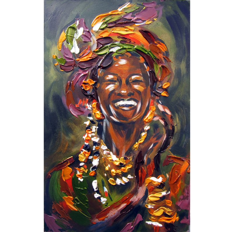 Laughing Woman Art Black Woman Portrait Original Oil Artwork 50x35 cm (20x14 in) - ตกแต่งผนัง - วัสดุอื่นๆ หลากหลายสี