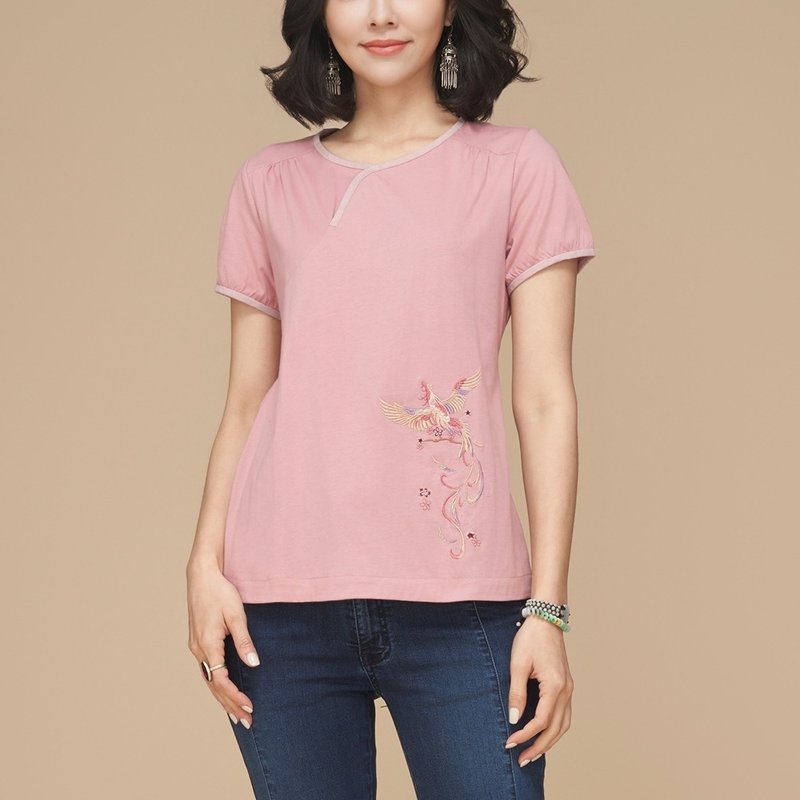 古典美 圓弧刺繡顯瘦T桖【53004】 - 女 T 恤 - 棉．麻 粉紅色