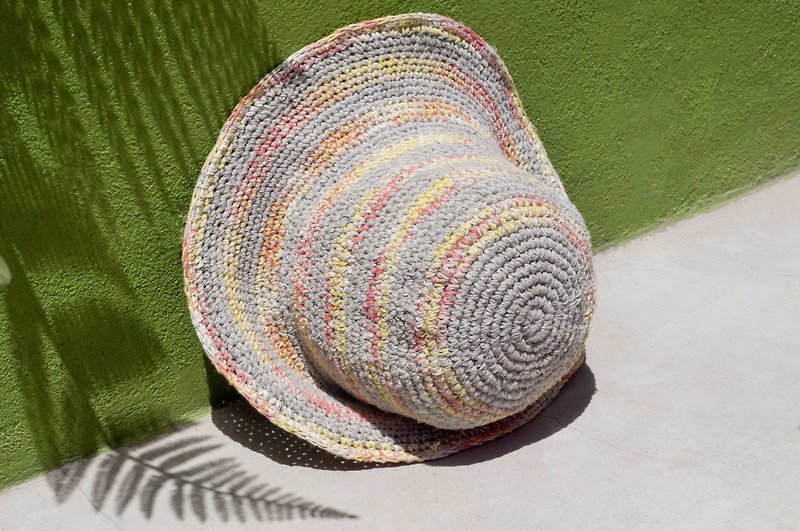 Hand-knitted cotton and linen cap knit hat fisherman hat sun hat straw hat - Morocco Rainbow Road Travel - Hats & Caps - Cotton & Hemp Multicolor