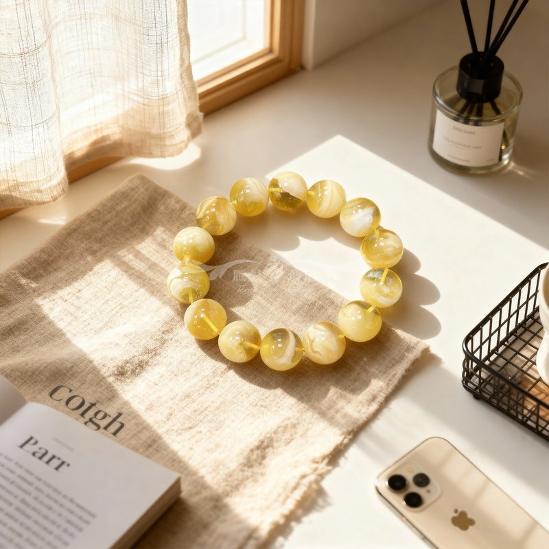 騰彪琥珀 天然琥珀蜜蠟 金絞白花蜜蠟 意境螢光紋 典藏素色 手鍊 - 手鍊/手環 - 半寶石 黃色