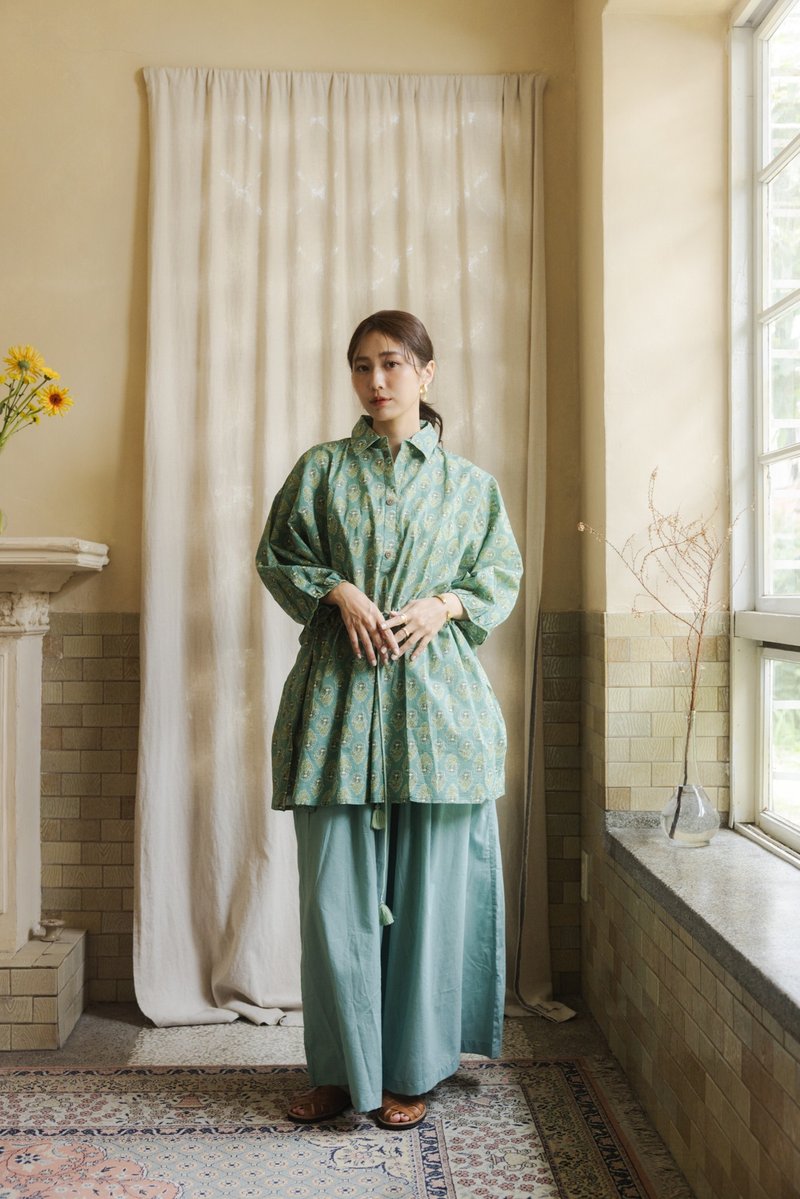 襯衫收腰長上衣_綠花 - 女襯衫 - 棉．麻 綠色