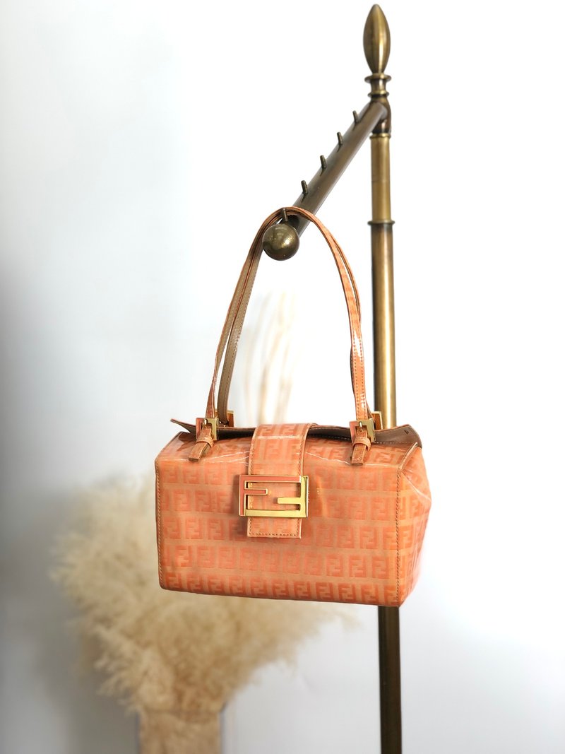 【 日本直送　名牌中古包 】FENDI フェンディ ズッキーノ ハンドバッグ オレンジ エナメルレザー vintage ヴィンテージ オールド snr2vs - 手提包/手提袋 - 真皮 橘色