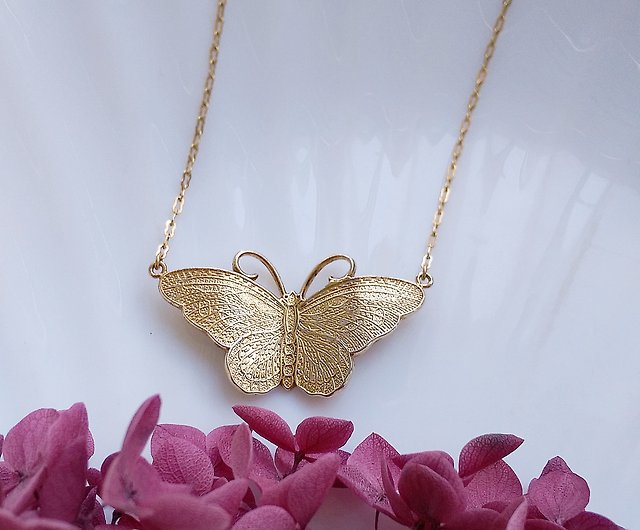 Western Antique Jewelry] 1928 Metal Gold Plated Butterfly Necklace 