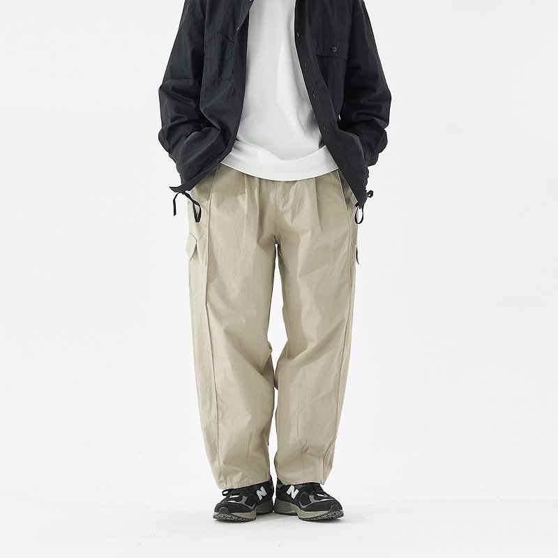 TopBasics Faked Pockets Binding Relaxed Pants - กางเกงขายาว - ผ้าฝ้าย/ผ้าลินิน สีกากี