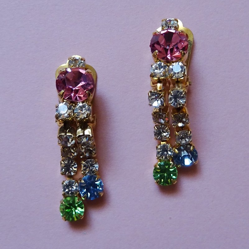 Czech glass rhinestone earrings / pink - Earrings & Clip-ons - Other Metals Pink
