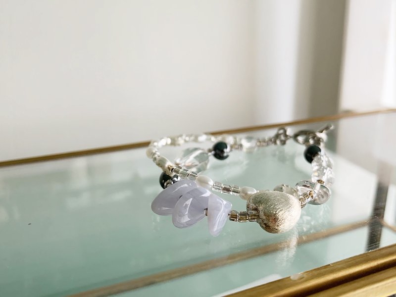 Double elegant bracelet (blue lace agate, freshwater pearl, crystal, hematite) - สร้อยข้อมือ - เครื่องประดับพลอย สีใส