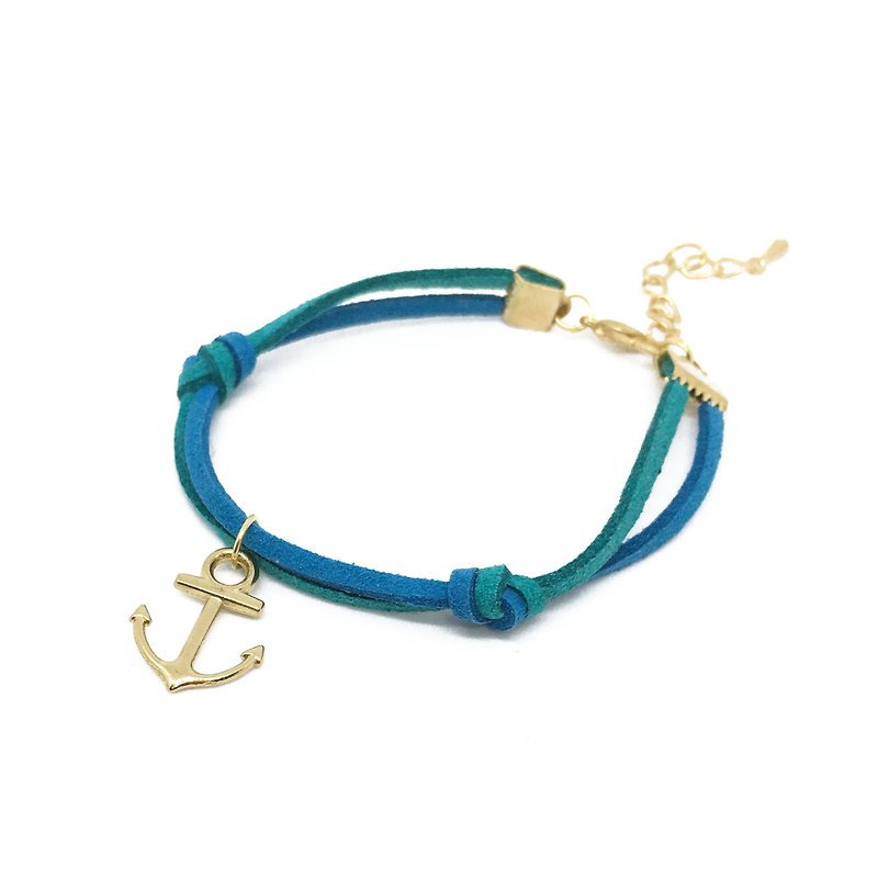 簡約 船錨 手工製作 手環 淡金色系列-藍綠 - 手鍊/手環 - 其他材質 藍色