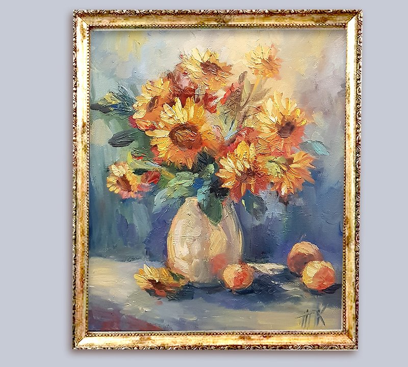 Sunflower Oil Painting Original Art Floral Painting on canvas sunflowers - โปสเตอร์ - วัสดุอื่นๆ สีส้ม