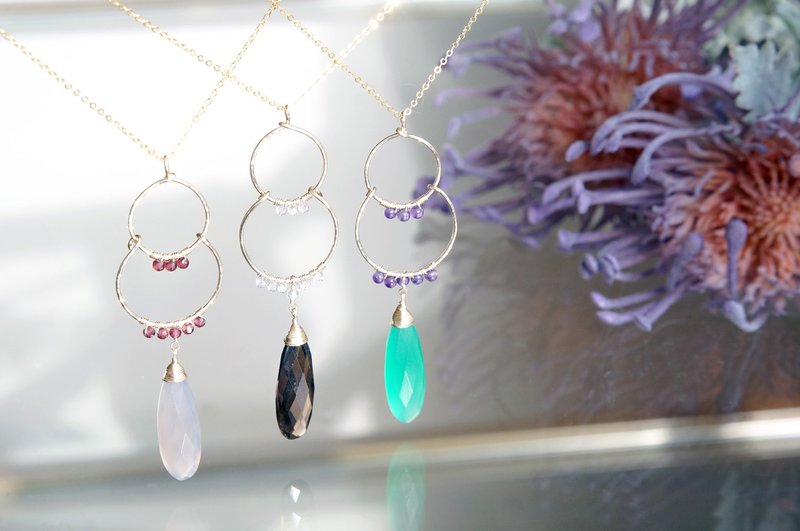 【14KGF】Double Hoop Pear Shape Gemstone Necklace - สร้อยคอยาว - โลหะ สีทอง